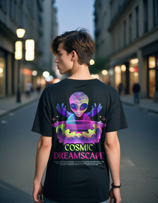 Cosmic Dreamspace: Alien Graphic Drop-Shoulder Cotton Tee